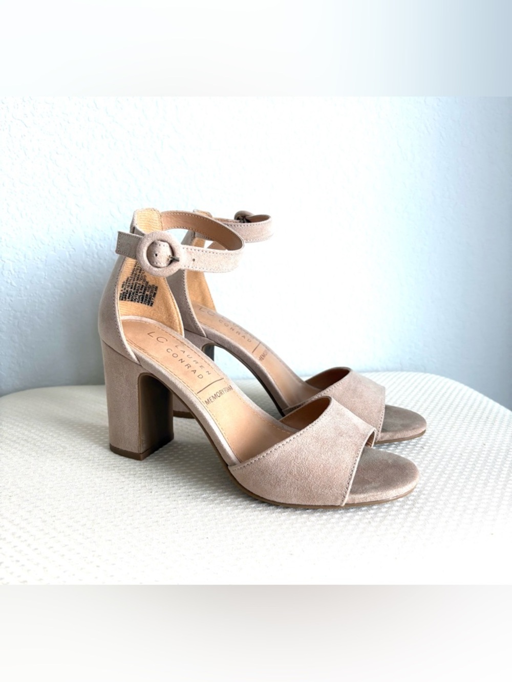 LC Lauren Conrad Taupe Suede Block Heel Sandals